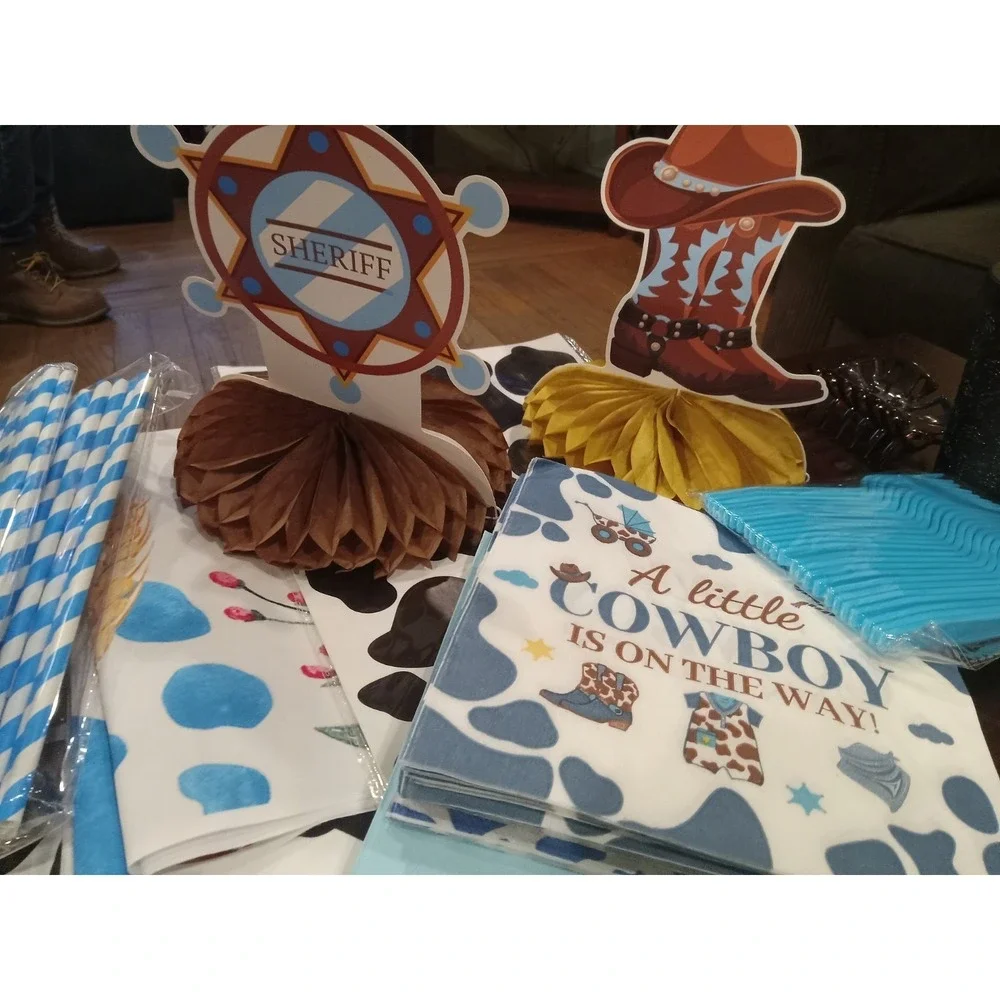 771 pc Cowboy Baby Shower Decorations Little Cowboy Raffle Box Banners Favors ++